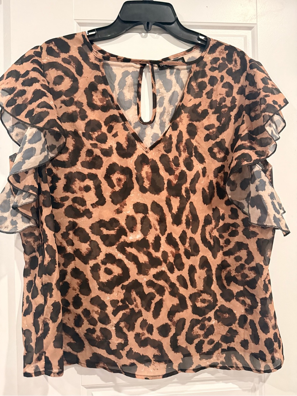 Leopard Print Ruffle Sleeve Blouse - Brown